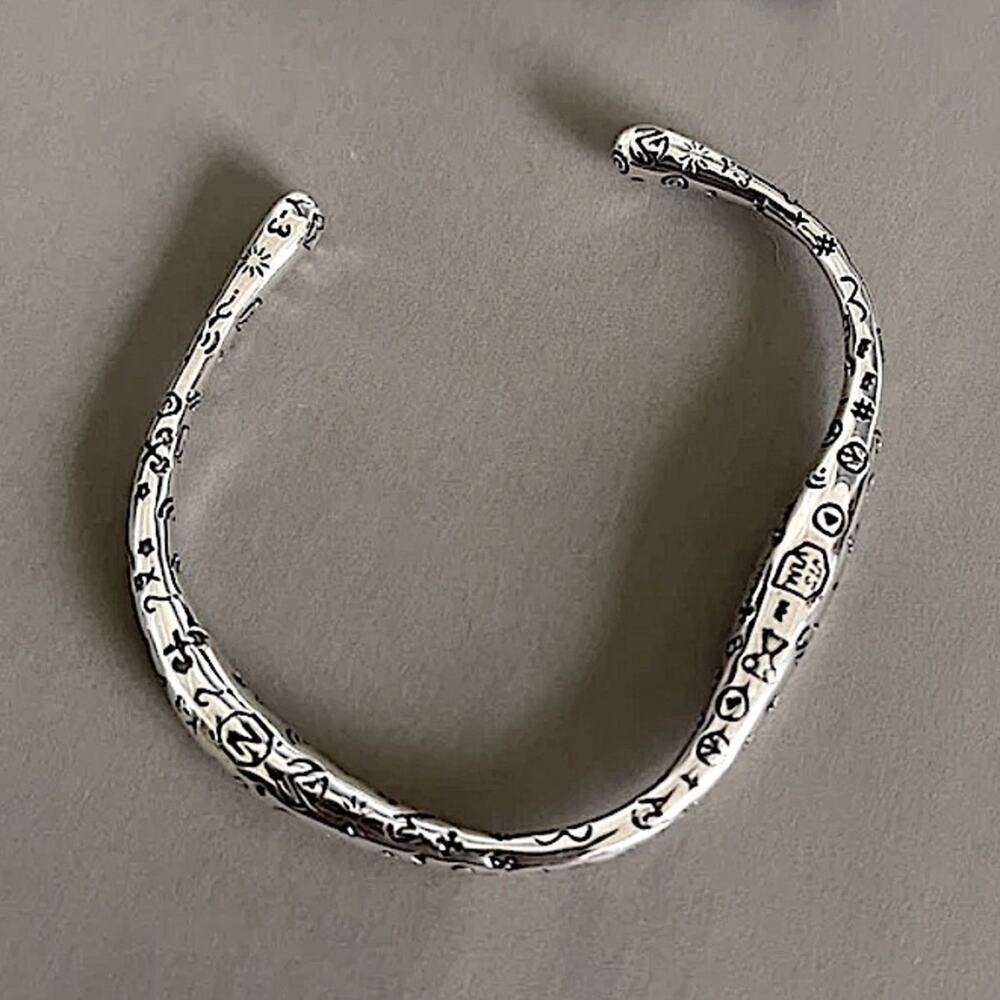 Irregular Graffiti Sterling Silver Bangle Cuff Bracelet